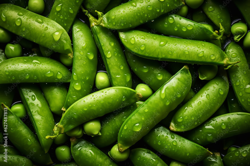 Fresh Green Peas with Droplets of Water, Top-View Close-Up Background Fresh Green Peas with Droplets of Water, Top-View Close-Up Background