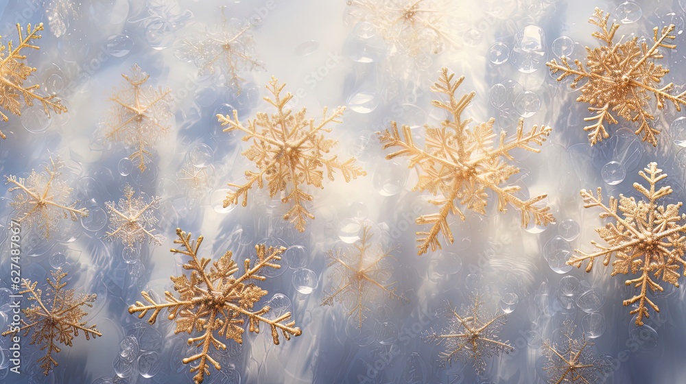 Frozen golden snowflakes, winter background. Generative AI
