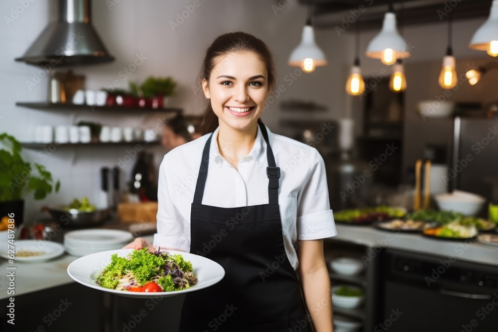Smiling charming beautiful young waitress posing at a restaurant kitchen holding a salad dish looking at the camera Smiling charming beautiful young waitress posing at a restaurant kitchen holding a salad dish looking at the camera