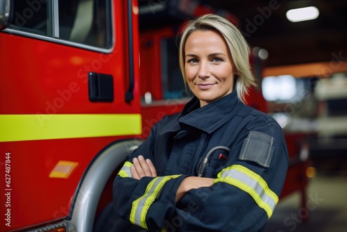Attractive Female Fire fighter woman posing in front of a fire truck with her arms crossed