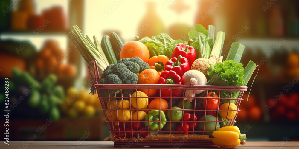 Generative AI, grocery shopping basket full of fruits and vegetables on a blurred background, market, harvest, fresh food, vitamins, healthy eating, space for text