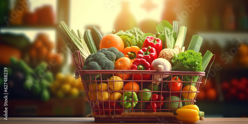 Generative AI  grocery shopping basket full of fruits and vegetables on a blurred background  market  harvest  fresh food  vitamins  healthy eating  space for text