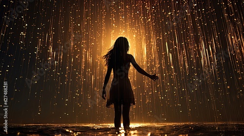 Night fantasy landscape, starry rain, silhouette of a girl. Generative AI
