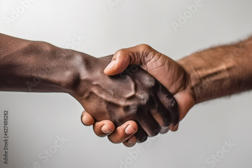 Two black men shaking hands isolated on white background. Close up view on dark-skinned men shaking hands © esvetleishaya