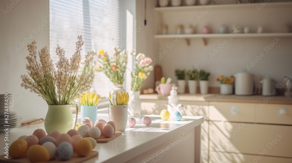 Generative AI, easter kitchen decor, modern bright home interior, colorful eggs, holiday decorations, spring flowers, sunlight, postcard, space for text, april, traditions Generative AI, easter kitchen decor, modern bright home interior, colorful eggs, holiday decorations, spring flowers, sunlight, postcard, space for text, april, traditions