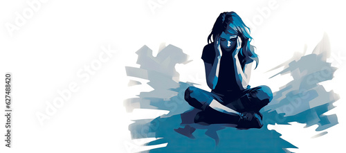 A teenage girl sitting on the floor tormented by hearing voices inside her.The Invisible Weight: Portrait of distress,depression, anxiety and despair in mental health, copy space