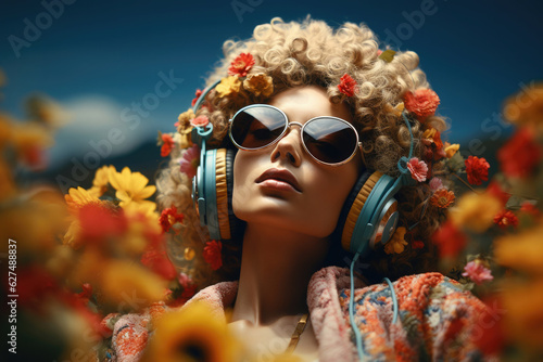 Colorful portrait of a young woman wearing headphones, sunglasses and flowers in her hair. Vintage Hippie Style