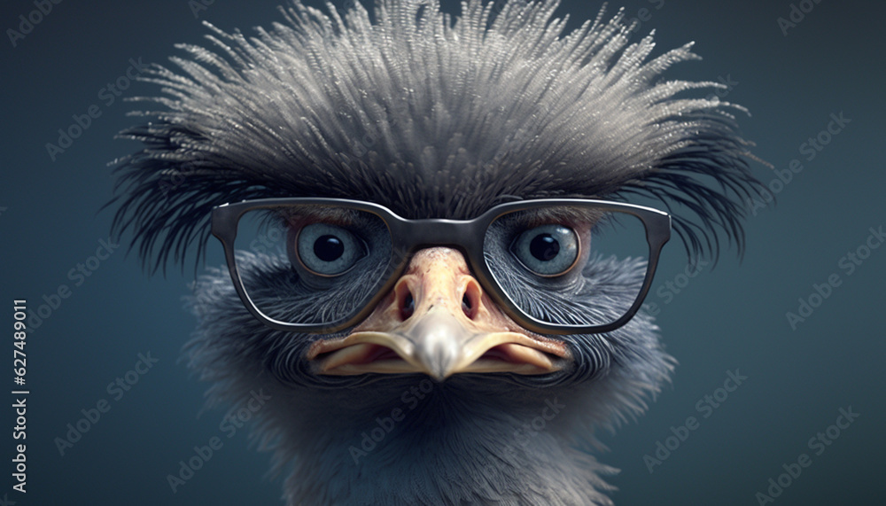 Fototapeta premium funny gray ostrich in glasses. Generative AI