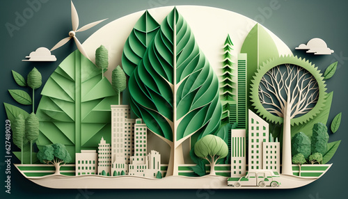 Wallpaper Mural modern cityscape with green tree and paper buildings. Generative AI Torontodigital.ca