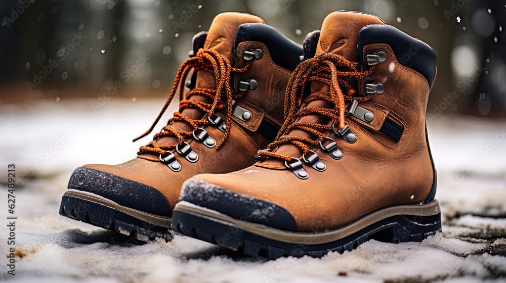 Winter men's boots on the snow. Generative AI Winter men's boots on the snow. Generative AI