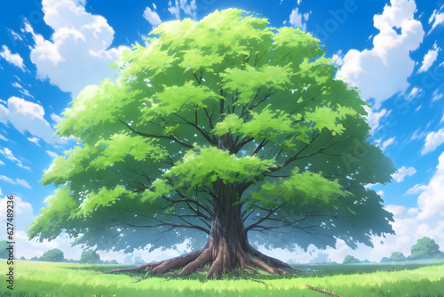 Huge green tree  bottom up view  blue sky with clouds  anime and cartoon style Generative AI illustration