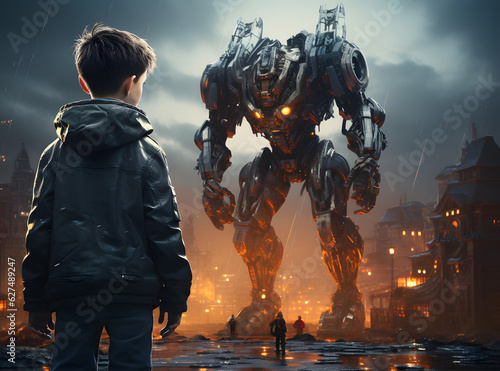 A small child looks at a giant android or robot. Generative AI illustration