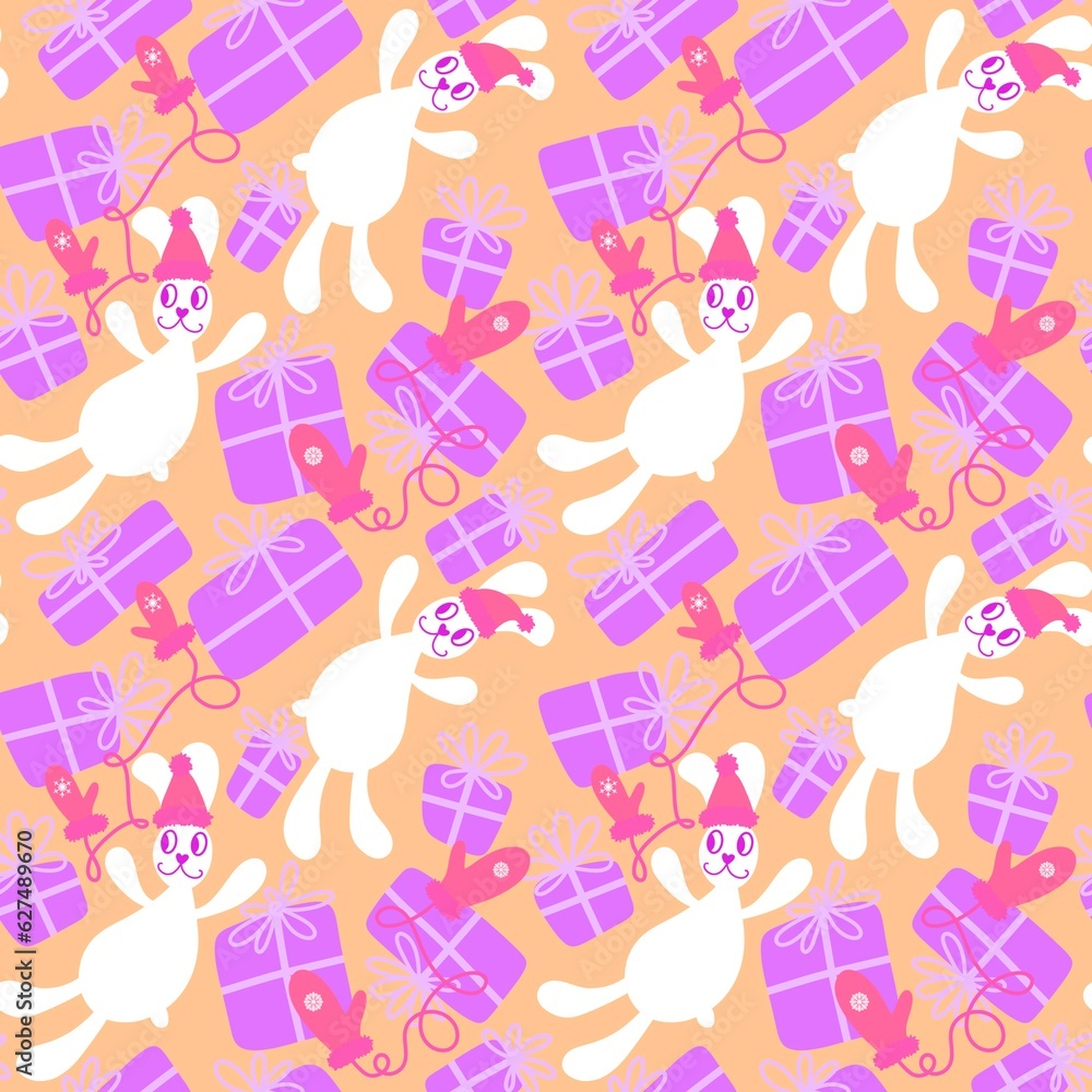 Cartoon animals rabbit seamless Christmas bunnies pattern for wrapping paper and fabrics and accessories Cartoon animals rabbit seamless Christmas bunnies pattern for wrapping paper and fabrics and accessories