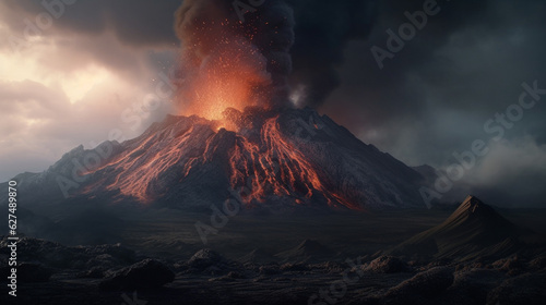 illustration of an erupting volcano. Generative AI