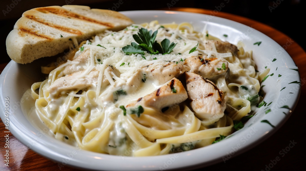 Italian pasta with chicken breast and cheese. Generative AI Italian pasta with chicken breast and cheese. Generative AI