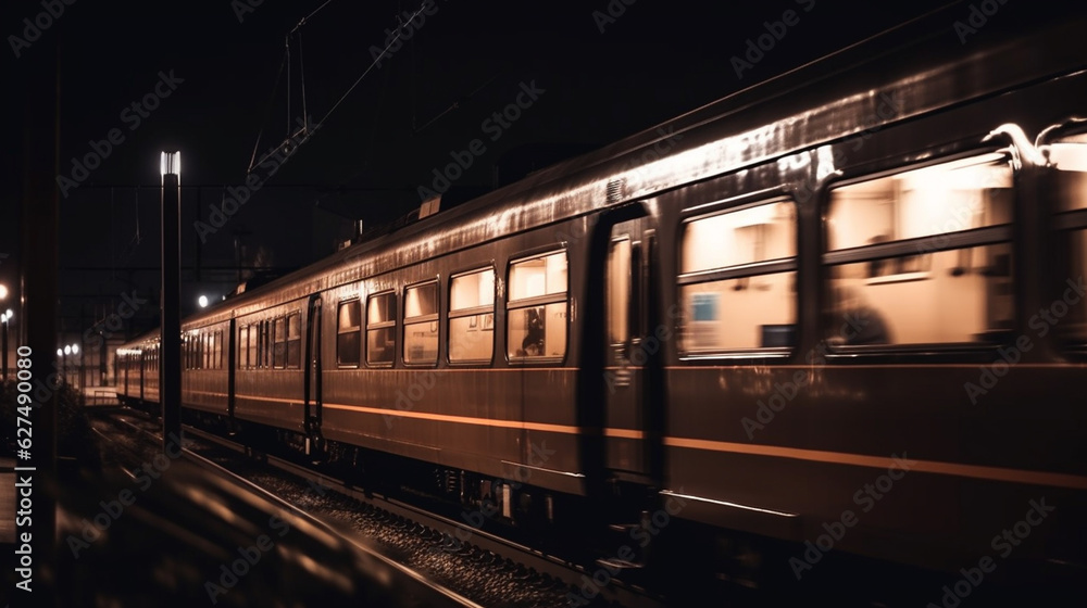 night view of the moving subway. Generative AI night view of the moving subway. Generative AI