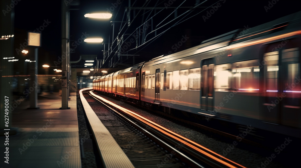 night view of the moving subway. Generative AI night view of the moving subway. Generative AI