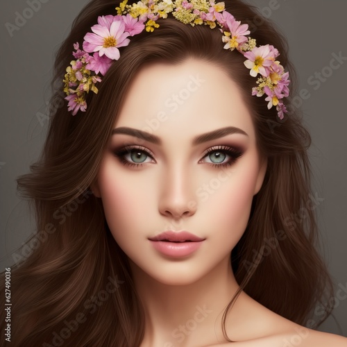 beautiful woman with flowers for advertising perfumes or cosmetics