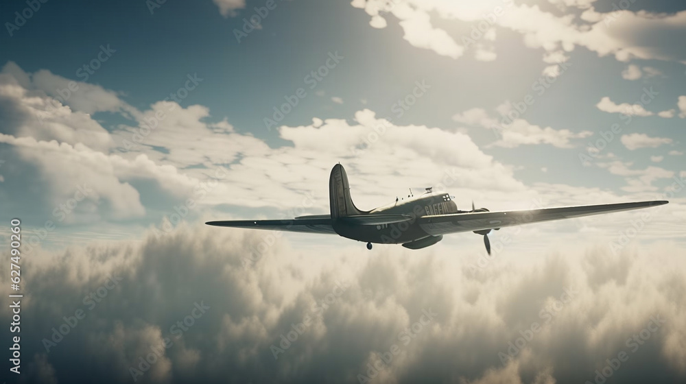 Obraz premium vintage plane flying above cloudy sky. Generative AI