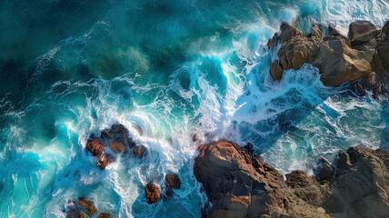 Aerial top view of sea and rocks, ocean blue waves crashing on shore, concept of  nature, water, satellite picture.