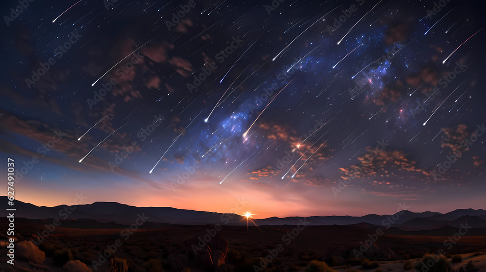 A breathtaking celestial event with a meteor shower painting the night sky with streaks of light, the moon casting a gentle glow on a serene landscape, creating a sense of wonder and awe, Photography, A breathtaking celestial event with a meteor shower painting the night sky with streaks of light, the moon casting a gentle glow on a serene landscape, creating a sense of wonder and awe, Photography,