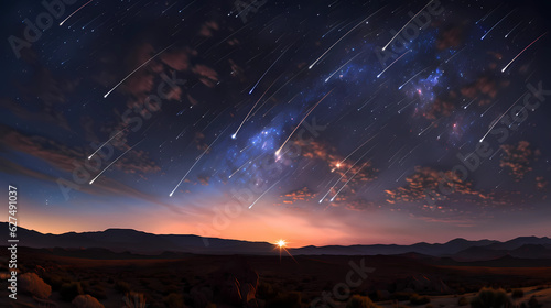 A breathtaking celestial event with a meteor shower painting the night sky with streaks of light, the moon casting a gentle glow on a serene landscape, creating a sense of wonder and awe, Photography,