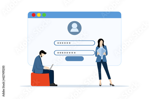 Registration or register user interface. People use secure logins and passwords, authorization of account data. Characters use personal data security. Online registration forms mobile technology.