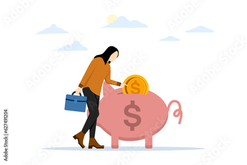 Saving money in piggy bank. The first lump sum is deducted from your income to save. Set aside some money for savings. woman or businesswoman and piggy bank. flat vector illustration.