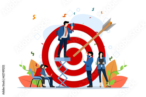 Marketing strategy concept. Business team achieving goal. People near big target with arrows. target company goals, company vision and mission, flat vector illustration isolated on white background.