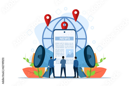 mobile news App concept, worldwide digital media, internet press release with characters. People standing near big smartphones and reading news online. Modern vector illustration in flat style.
