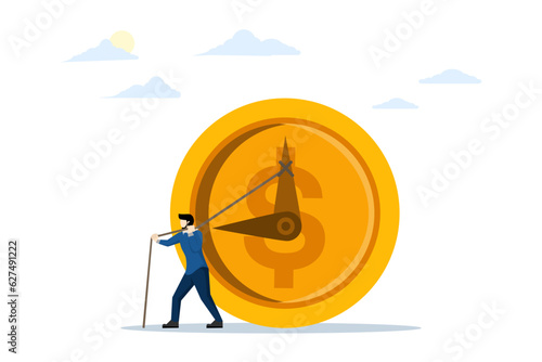 the concept of time is money. Lack of time or running out of time. short term and long term investment. Businessman trying to stop time to collect money. flat vector illustration on a white background