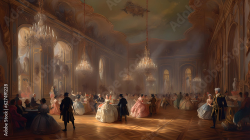 A grand and opulent ballroom in a majestic castle, adorned with chandeliers and intricate ceiling frescoes, elegant dancers waltzing gracefully to the music, and nobles in exquisite attire socializing