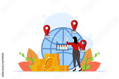 Business industry concept, franchising, bizopp, distribution. Businesswoman standing with pen and buying franchise remotely. Buying a finished business. Flat vector illustration in background.