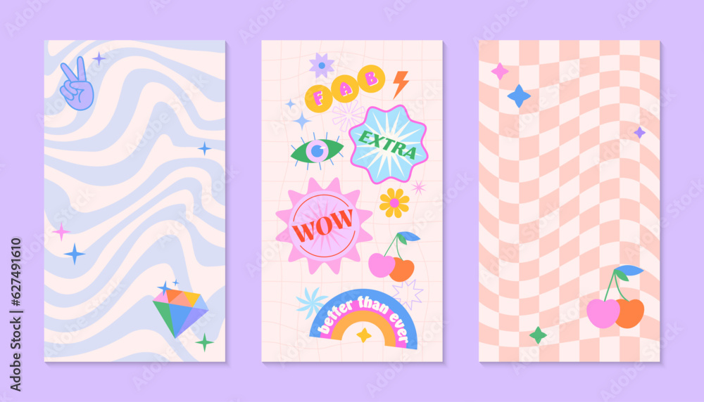 Vector insta story templates with patches and stickers in 90s style.Smm banners in y2k aesthetic with chess and wavy backgrounds.Trendy funky designs for social media marketing,branding,packaging Vector insta story templates with patches and stickers in 90s style.Smm banners in y2k aesthetic with chess and wavy backgrounds.Trendy funky designs for social media marketing,branding,packaging