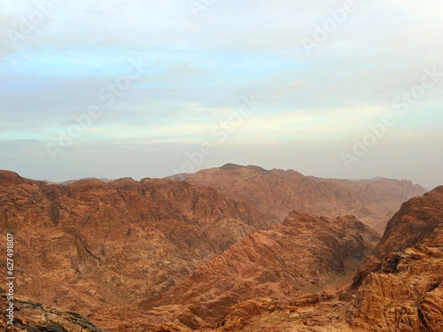 Sinai desert panorama. Egypt mountains and sunset from the top of Mount Sinai. desert landscapes. Christian pilgrimages.
