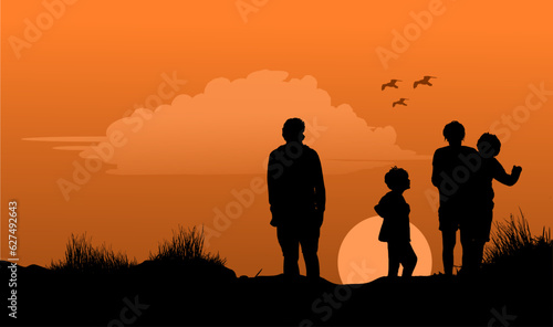 Silhouette - Vektor Familie mit zwei Kindern in den Dünen am Strand beim Sonnenuntergang