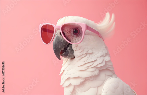 Fotografie, Tablou Closeup of white cockatoo parrot wearing sunglasses