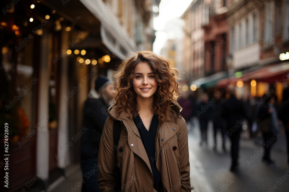 Young beautiful woman portrait, tourist in casual clothes is sightseeing on the street of european city in autumn, travel and tourism concept