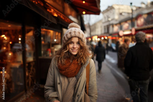 Young beautiful woman portrait, tourist in casual clothes is sightseeing on the street of european city in autumn, travel and tourism concept © staras