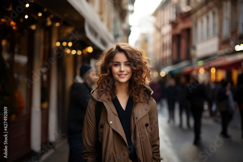 Young beautiful woman portrait, tourist in casual clothes is sightseeing on the street of european city in autumn, travel and tourism concept © staras