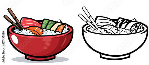Sushi bowl cartoon vector illustration, Sushi Japanese dishes stock vector image, colored and black and white clip arts