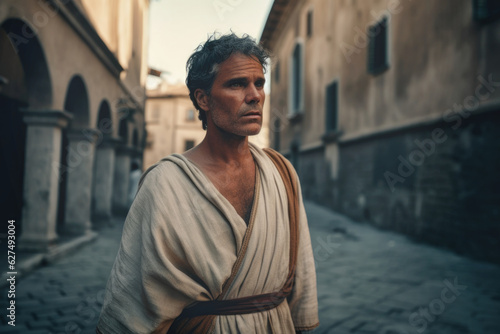 Close-up portrait of Roman civilian wearing a simple tunic and walking through ancient Roman city (Generative AI)