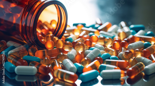 Fotografija Prescription opioids, with bottle of many pills on the mirror light table