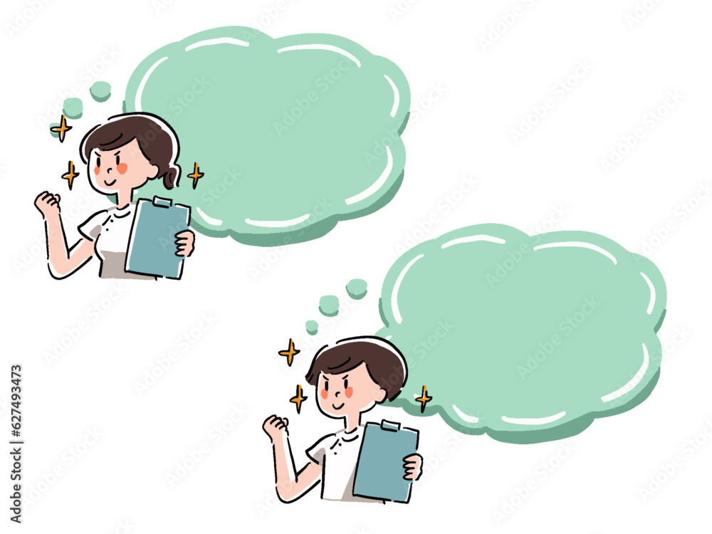 看護師の男性と女性の吹き出しフレーム ゆるいシンプルなイラストセット 看護師の男性と女性の吹き出しフレーム ゆるいシンプルなイラストセット