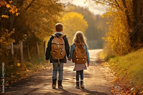 Back To school in autumn. Back view of children with backpacks going to school on a countryside road | Generative AI