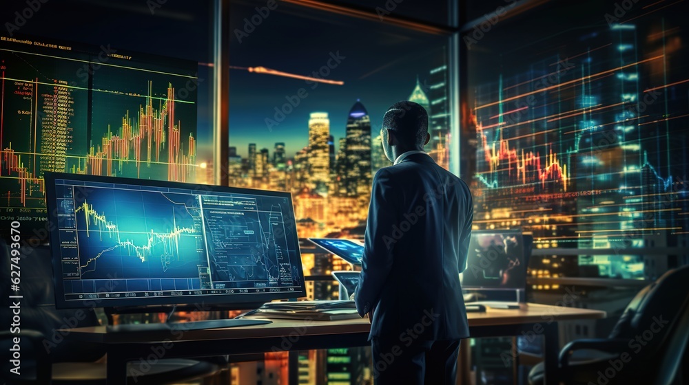 Businessman works on a computer with many screens, a control center with a large number of graphs, financial data, and a big data monitoring system, with generative ai Businessman works on a computer with many screens, a control center with a large number of graphs, financial data, and a big data monitoring system, with generative ai