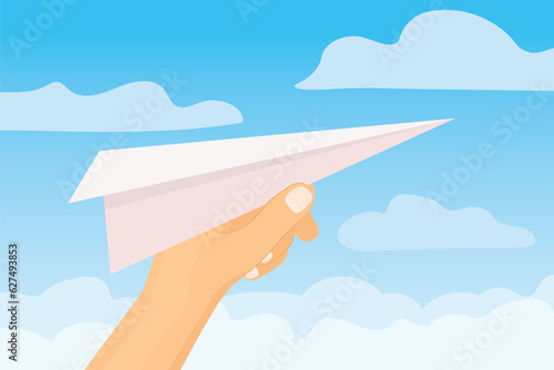 hand holding paper plane against the sky- vector illustration