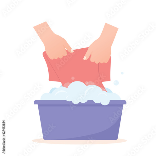 handwashing clothes in a basin with water and soap foam -vector illustration