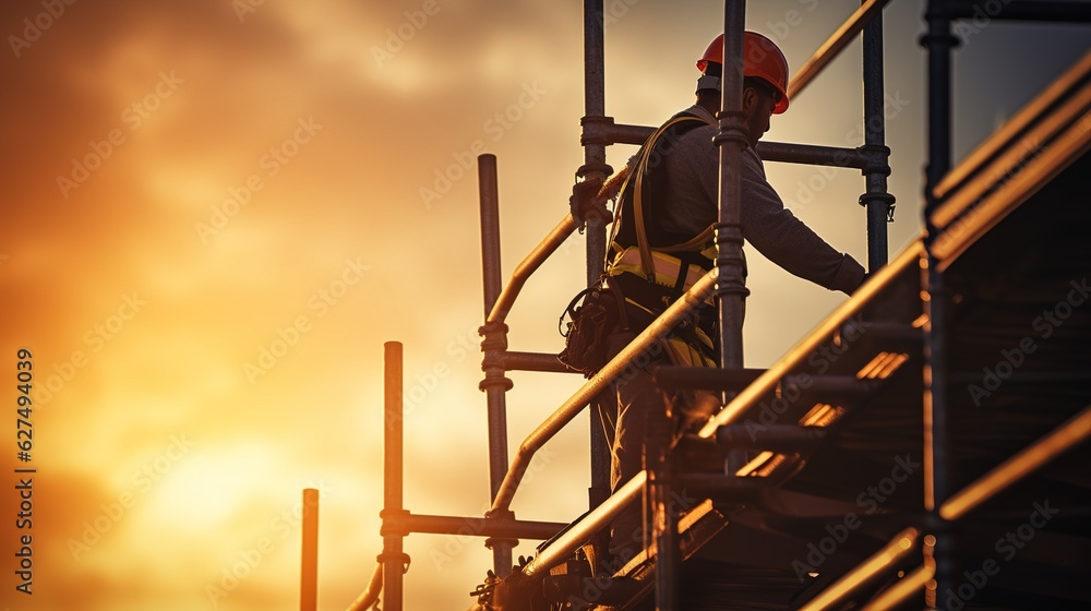 Construction worker wearing safety work at high uniform on scaffolding at construction site on during sunset,Working at height equipment with generative ai Construction worker wearing safety work at high uniform on scaffolding at construction site on during sunset,Working at height equipment with generative ai