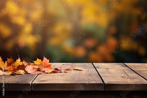Beautiful autumn landscape with Colorful foliage in the park. Falling leaves on a wooden desk natural background   Generative AI